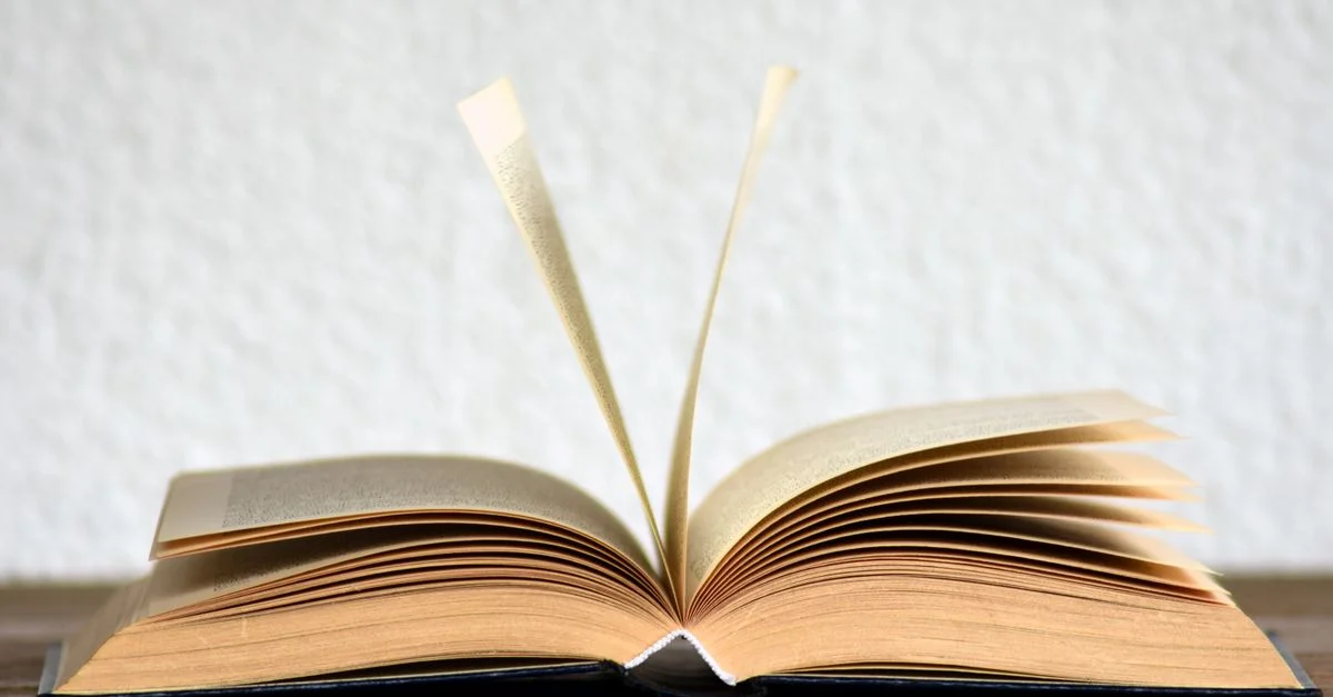 Image en gros plan d'un livre ouvert avec des pages qui tournent, créant un effet visuel dynamique.