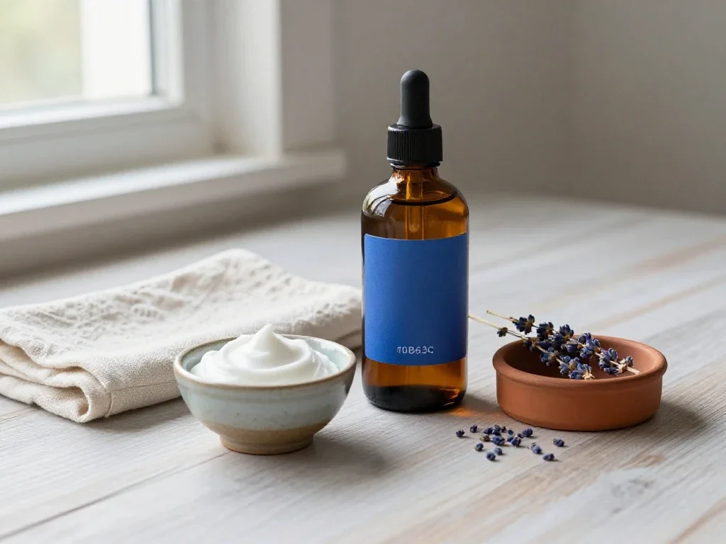 Soins cosmétiques naturels sur table en bois soulignant l'approche minutieuse des articles du blog.