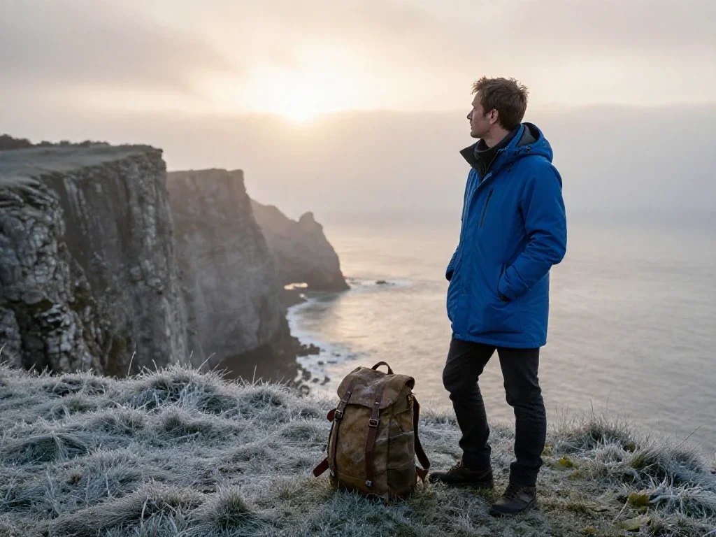 Voyageur contemplant l'horizon côtier au lever du soleil pour illustrer l'observation attentive et la réflexion.